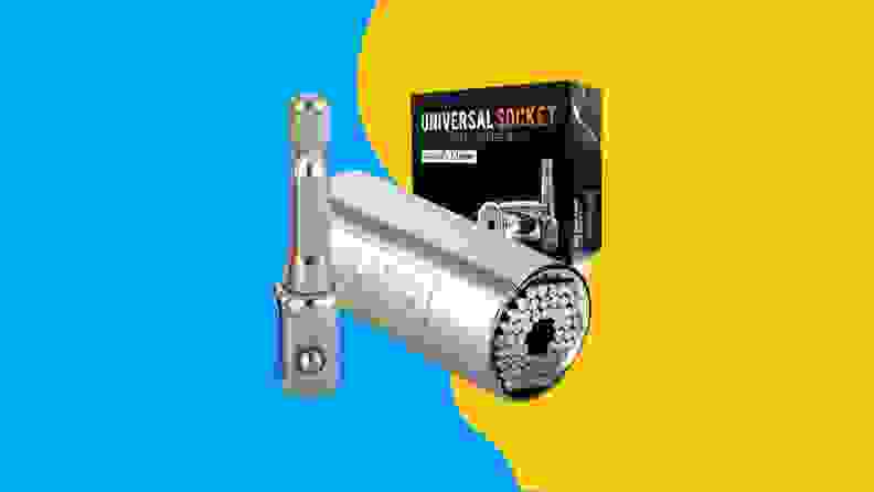 A universal socket against a blue and yellow background.