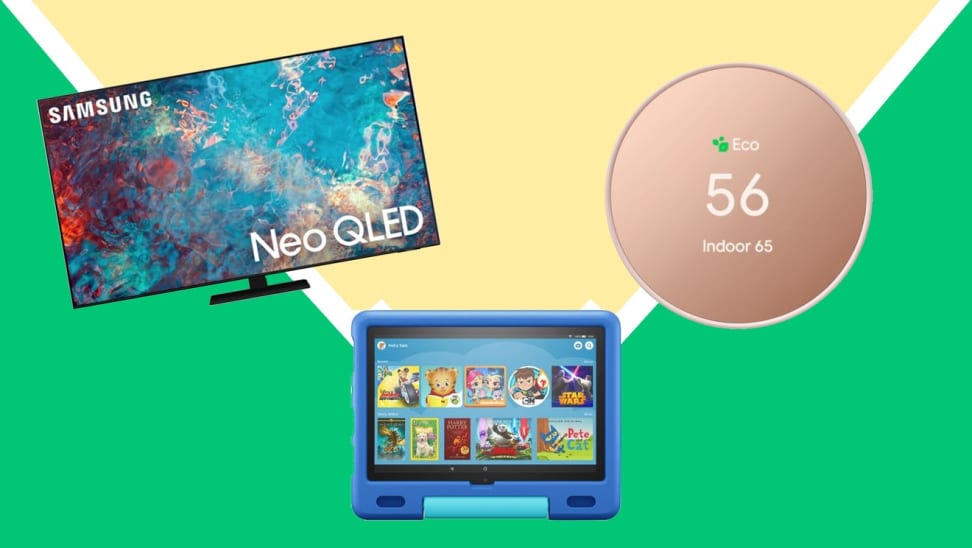 Samsung Smart TV, children's tablet, and circular rose gold thermometer in front of green and yellow background.