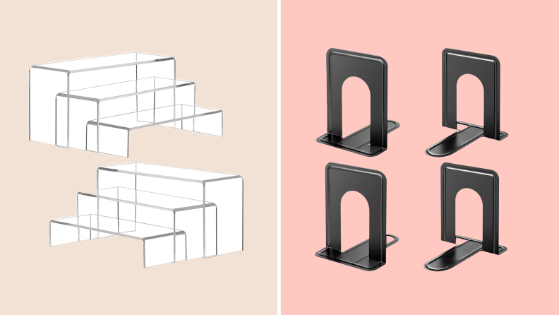 On left, pair of 3-tier acrylic shelf risers. On right, four black slim bookends.