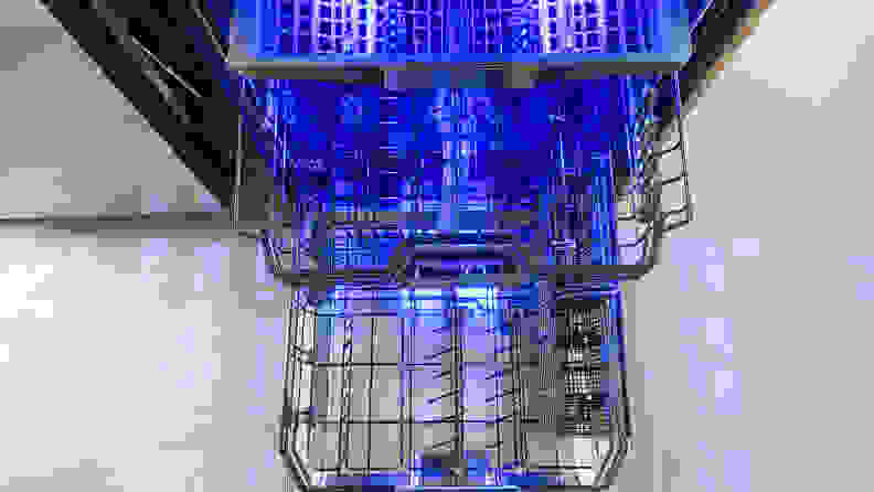 A top-down shot of the Thermador DWHD770WFM dishwasher, with its racks pulled out.