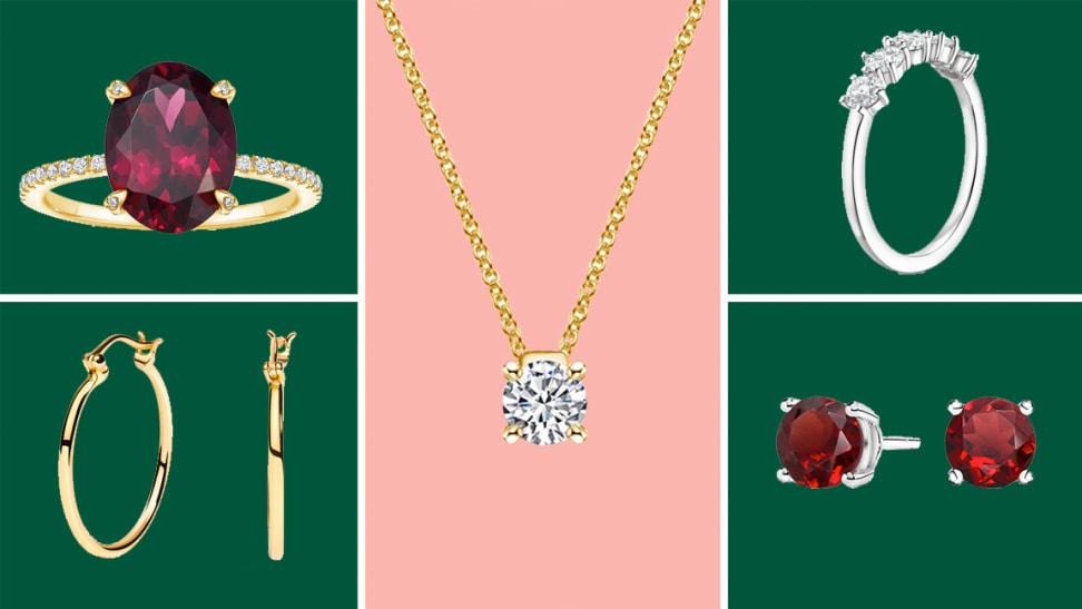 Garnet ring, gold hoops, diamond pendant, silver band, garnet earrings.