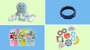 A stuffed animal octopus, LuckyArmor fidget ring, TonyMoly face masks, and a variety pack of Calm Strips.