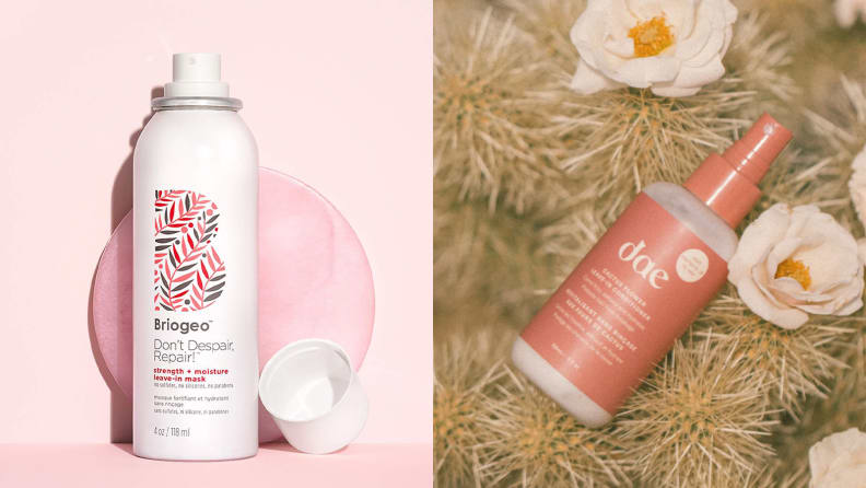 On the left: The Briogeo Don't Despair, Repair! Strength + Moisture Leave-In Spray Hair Mask on a pink background with its cap sitting to the right of the white bottle. On the right: The Dae Cactus Flower Leave In Conditioner lays on a bed of dry flowers.