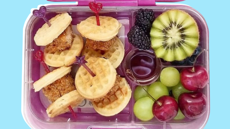 Mini chicken and waffles in a kid's lunch