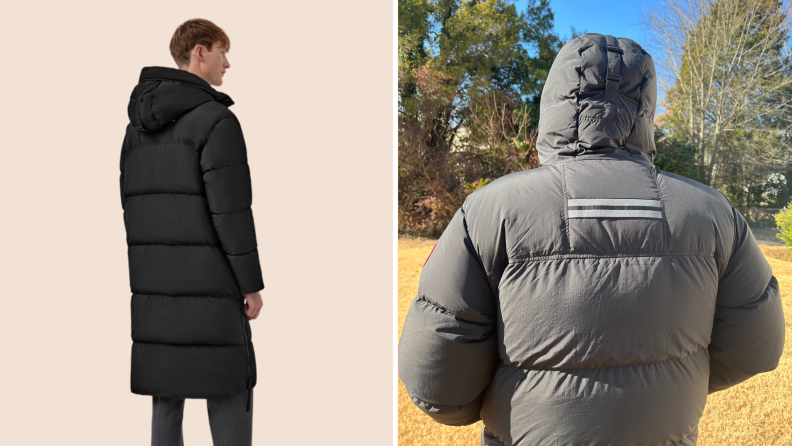 A model wearing a black puffer coat, and the author wearing the same coat seen from the back to show the reflective material on the back.