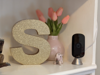 Ecobee SmartCamera next pink flowers and gold decorative letter "S," sitting on shelf.