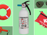 Lifebuoy, distress signal, fire extinguisher, black lens aviator sunglass, hand holding first aid kit all arranged on a collage background.