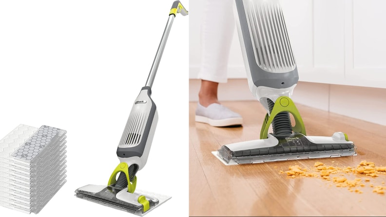 Shark VacMop on a white background; VacMop cleaning up cereal
