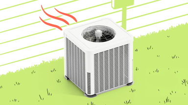 A cartoon heat pump on an illustration lawn against a house