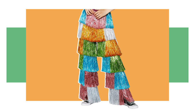 A woman in tiered fringe pants of many colors.