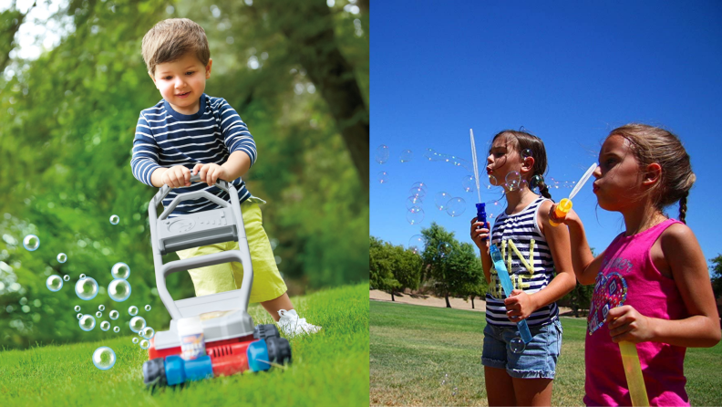 Left: Kid pushing lawn mower that blows bubbles. Right: Two girls blow bubbles using bubble wands