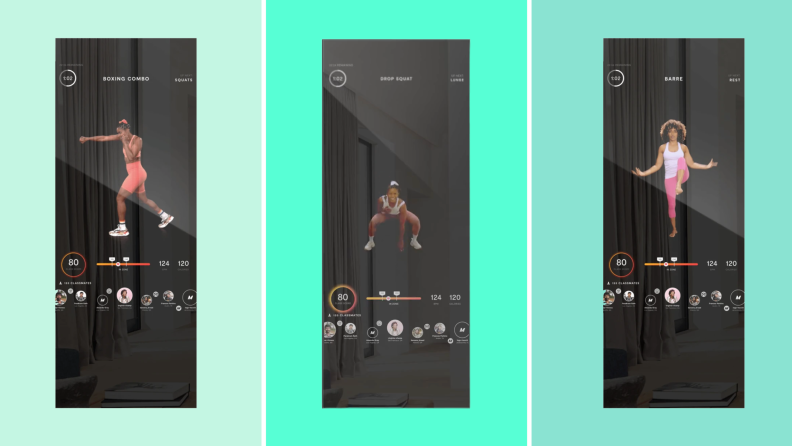 Three different guided workouts being displayed on the lululemon Studio Mirror.
