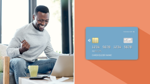 On left, person exciting cheering while working at laptop computer. On right, blue credit card.