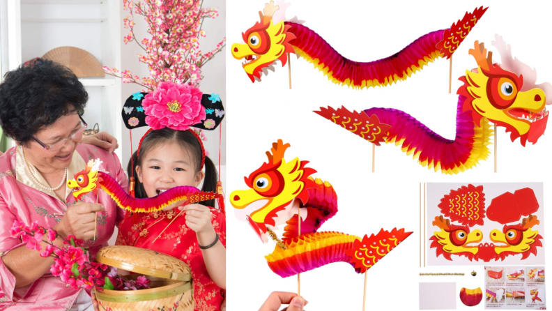 A girl and her grandmother play with a paper Chinese dragon. In the second frame the craft pieces are shown.