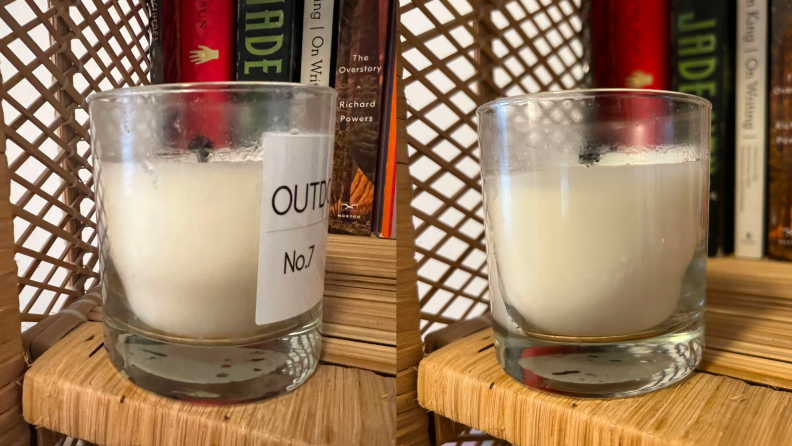 Two images of the same candle on a rattan shelf, the first showing wax along the outsides of a clear candle jar, the second showing discoloration inside the candle jar.