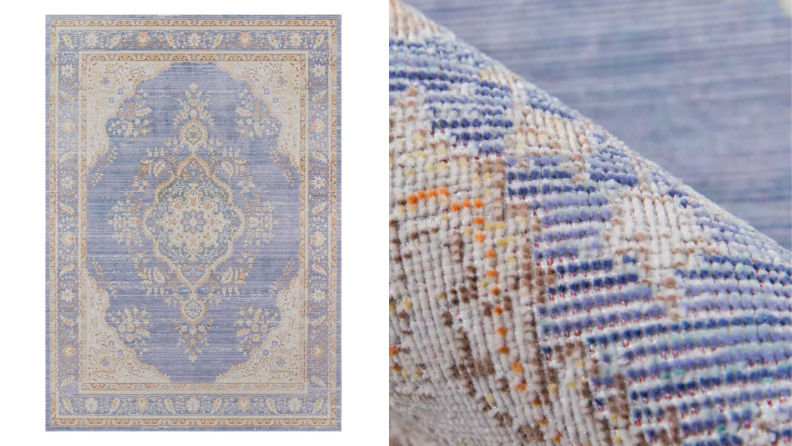 A periwinkle throw rug.