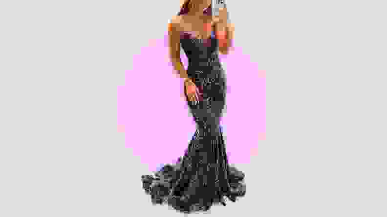 A fitted black sparkle gown.