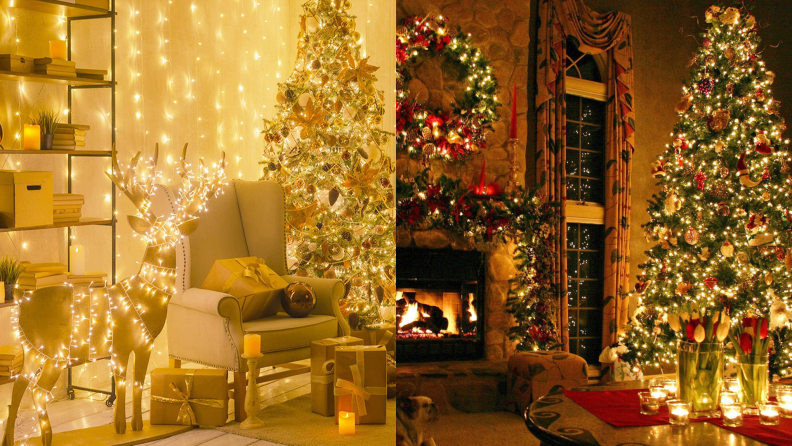 Two photos of living rooms with Christmas decorations set up.