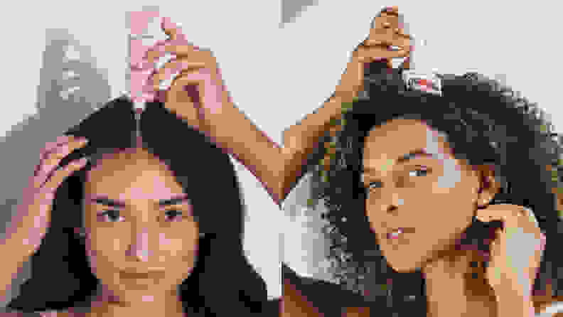 On the left: A model with long dark hair parted down the middle holds a pink squeeze tube over her hair. On the right: A model with dark curly hair holds the Beauty Bio roller over their hair.