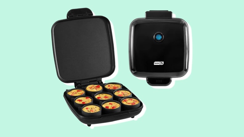 Dash egg bite maker opened and closed on a blue background