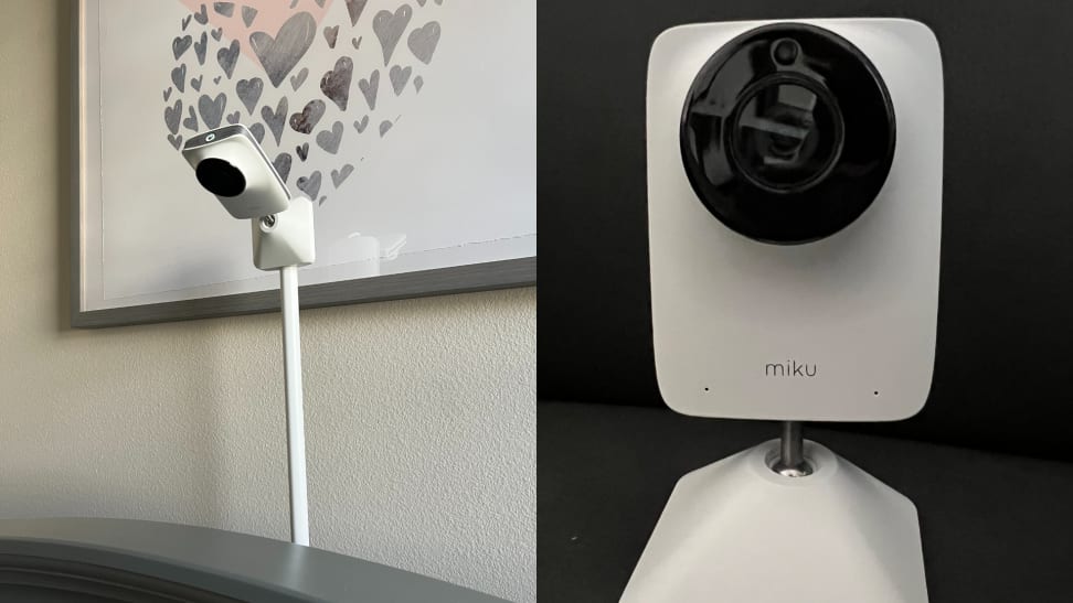 On left, Miku Pro Smart Wi-Fi Baby Monitor perched on floor stand above crib. On right, close up shot of the Miku Baby Monitor camera.