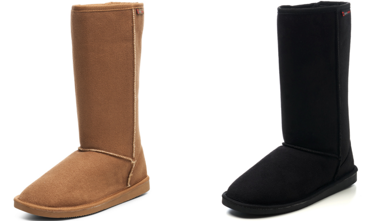 Left: A single soft, tan boot. Right: An all-black version of the Alpine Swiss faux-fur boot.