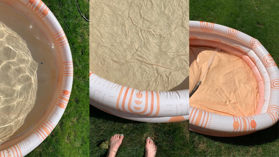 On right, Minidip's Sunkissed Terracotta pool filled with water. In middle, feet standing on grass in front of Minidip's Sunkissed Terracotta empty pool. On left, Minidip's Sunkissed Terracotta pool with hose inside.