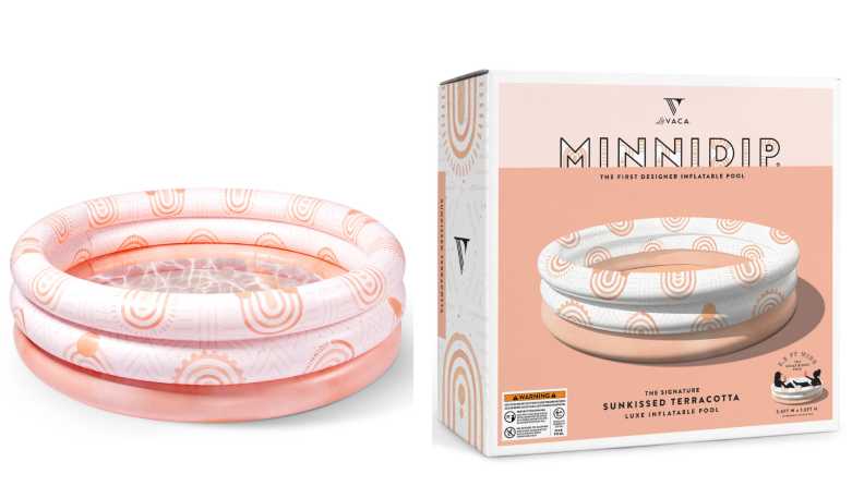 On left, Minnidip's Sunkissed Terracotta inflated swimming pool. On right, packaging box for the Minnidip's inflatable Sunkissed Terracotta swimming pool.