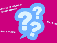 Questions about appliances and three blue question marks on an orange background