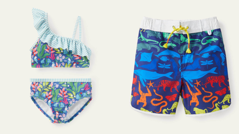 Girls ruffle bikini with tropical print and boys swim trunks with rainbow sea animal print