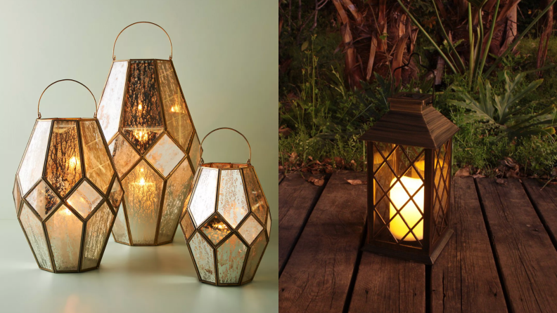 On left, set of three Anthropologie glass lanterns. On left, product shot of Tomshine rechargeable lantern on wooden deck floor, in front of green bushes.