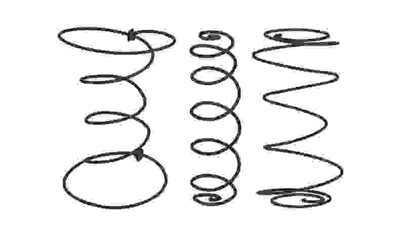 a diagram of different types of springs, showing one that has an hourglass shape, and ones with knotted and loose ends