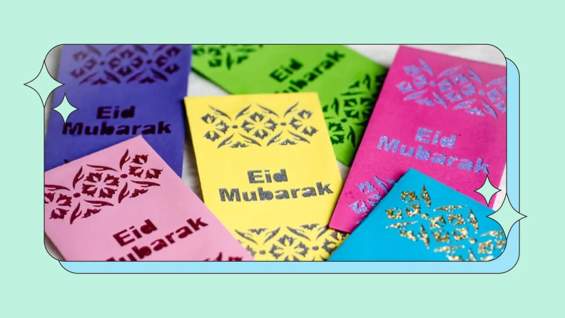Eid money envelopes on light green background.