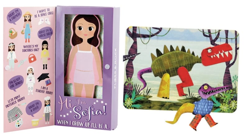 On left, children's magnetic doll set. On right, children's dinosaur magnetic set.