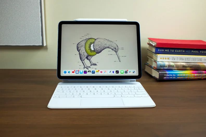 The M1 iPad Air connected to Apple's Magic Keyboard displays a kiwi wallpaper with books and artwork in the background.