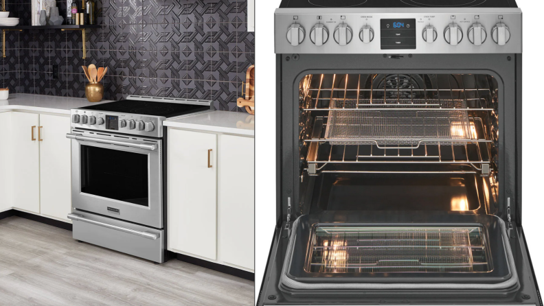 On the left, a Frigidaire Professional slide-in electric range is fitted into white kitchen cabinets. On the right, the Frigidaire electric range is fully open so you can see inside the oven.