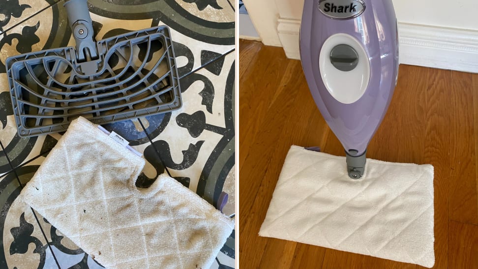 A split image of the Shark Steam Pocket Mop's microfiber pad with dirt on it and the mop resting against a wall.