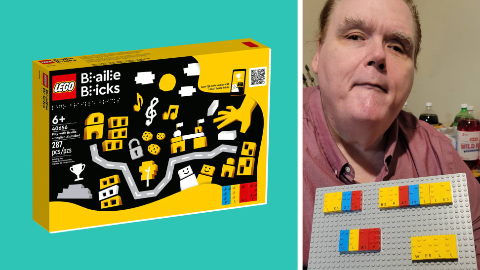 On the left a Lego box of Braille Bricks and on the right, a man with Braille Bricks.