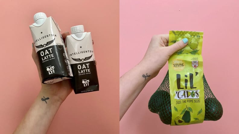 Side by side photos of a hand holding groceries.
