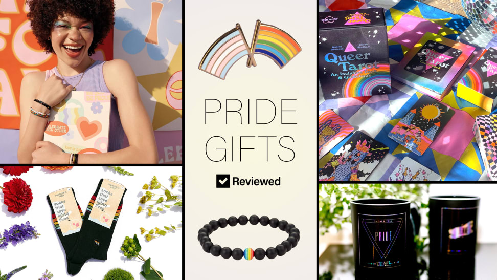 A collection of LGBTQ+ Pride gifts including Pura Vida bracelets, Conscious Step rainbow socks and a Pride flag pin.