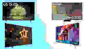 Four of the TVs on sale shown arranged on a colorful background.