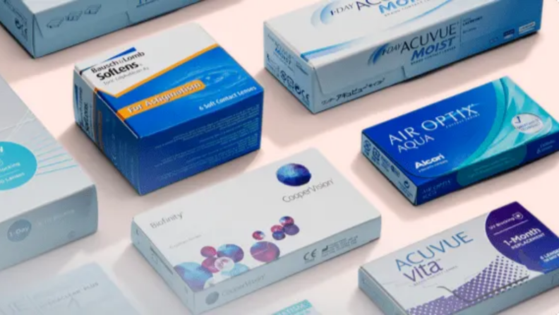 An image of contacts in branded boxes in a row.