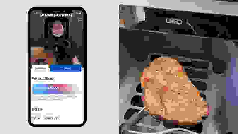 On left, the Dreo Chefmaker app on screen of smartphone. On right, cooked steak inside of fryer basket.