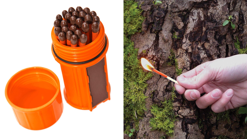Left: set of matches in orange box on white background, Right: lit match next to a tree stump