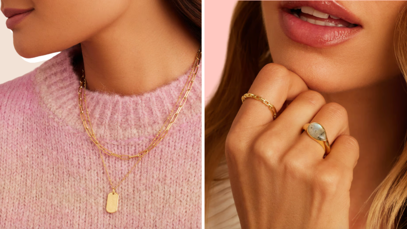 Collage of a necklace and a ring sold at Gorjana