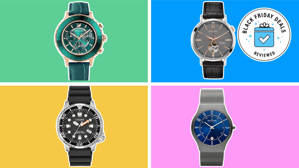 Four Black Friday watches featured on a multi-colored background.