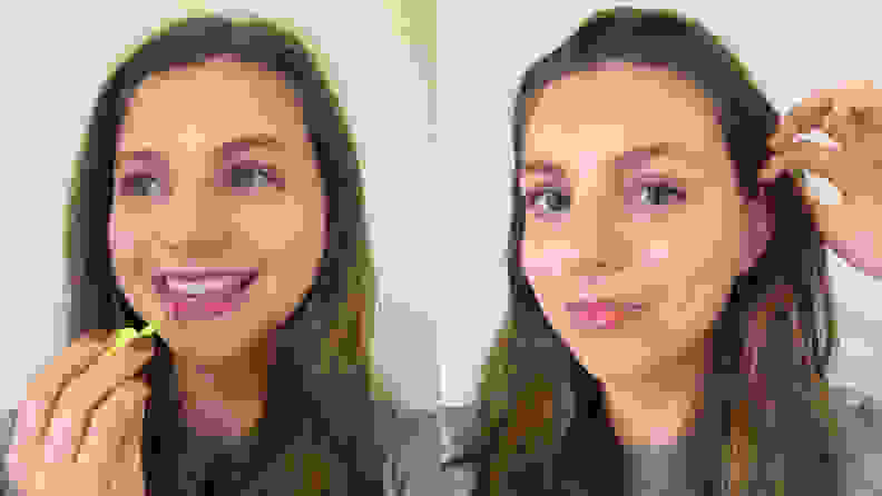 One image of tester Jessica Kasparian applying Youthforia lip gloss next to an "after" image of Jessica's face.