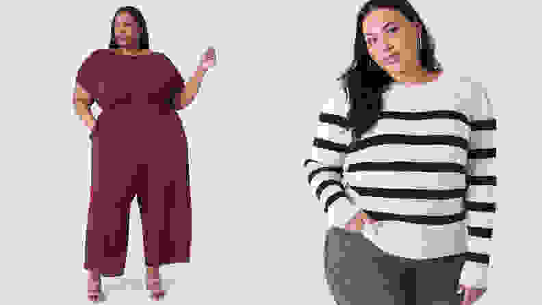 Two women wearing plus size clothes standing in front of a grey background