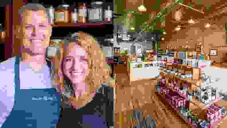 A picture of Mike and Janet Johnston, owners and creators of Savory Spice. On the right side of the photo is a picture of the first Savory Spice location.