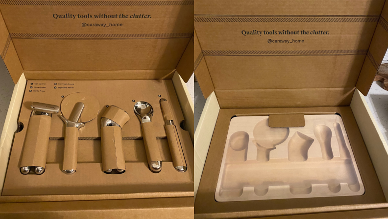 Caraway Kitchen Gadgets Set inside of cardboard box.